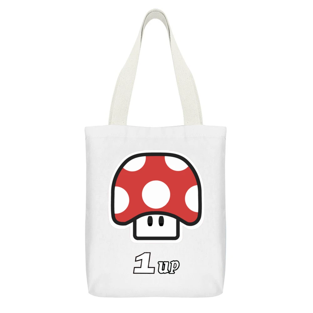 1 up Super Mario Retro White Canvas Tote Shopping Bag With Interior Pocket
