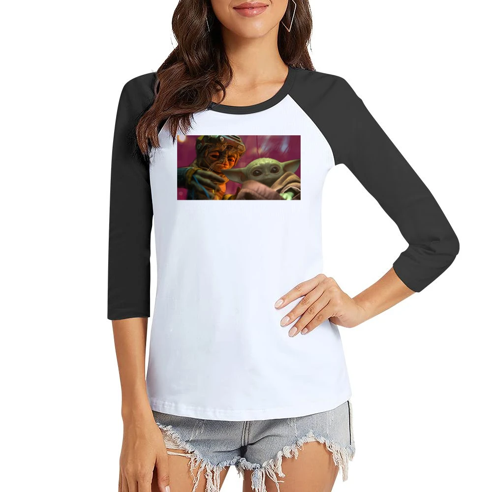 Baby Yoda And Babu Frik Star Wars Fan Women Ladies 3-4 Sleeve T-Shirt
