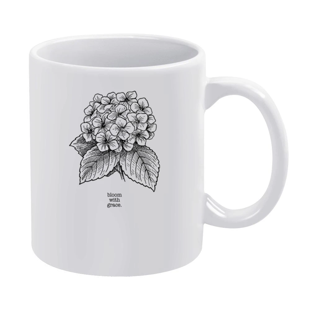 Bloom With Grace Floral Hydrangea Flower Graphic Drawing Sketch Crewne White Mug