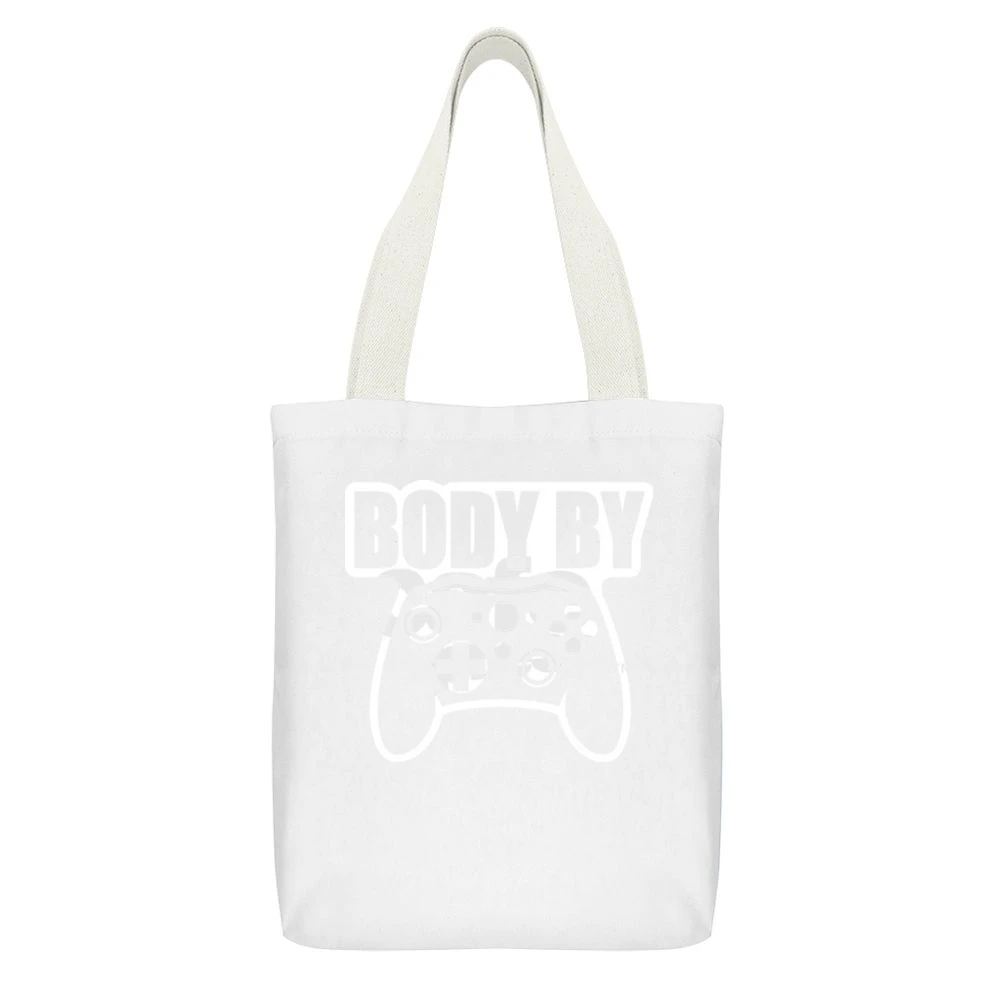 Body By Video Games Funny White Canvas Tote Shopping Bag With Interior Pocket