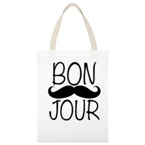 Bonjour Moustache Fun Tee Shirt White Canvas Tote Shopping Bag