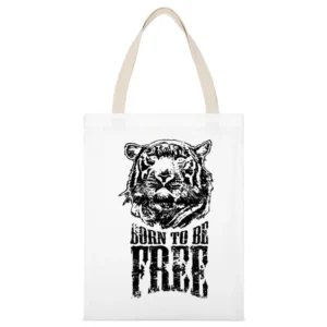 Born To Be Free Fun Inspirational Tiger Graphic White Canvas Tote Shopping Bag