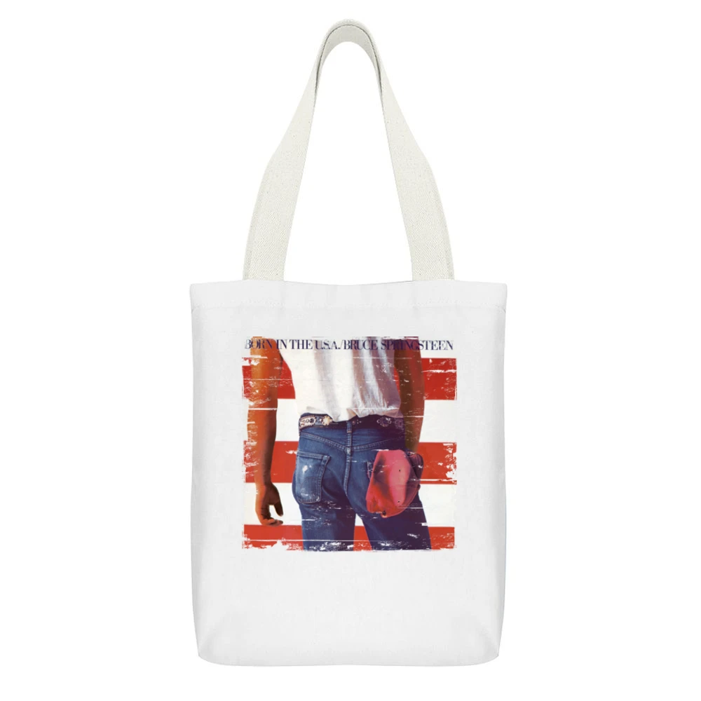 Bruce Springsteen Born In The Usa Album Cover Distressed Image White Canvas Tote Shopping Bag With Interior Pocket