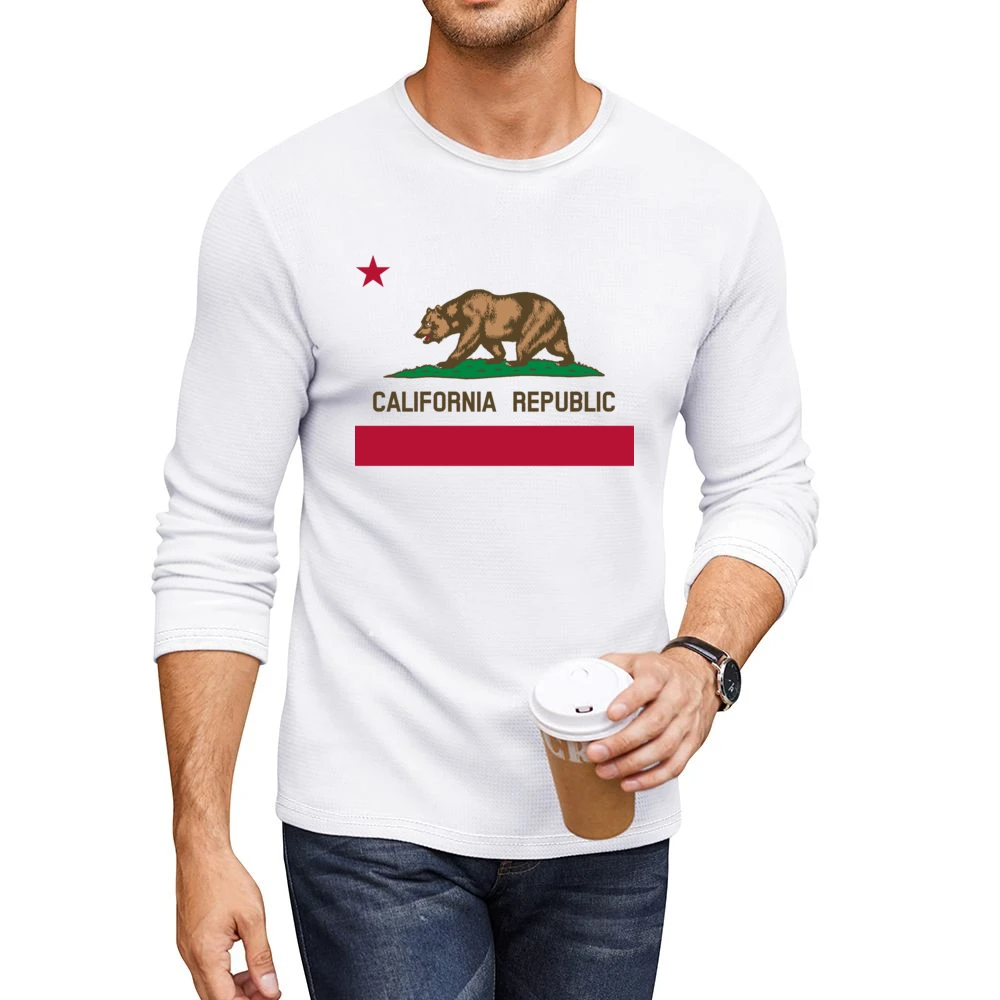 California Republic Bear Popular Graphic Tee Shirt Men CrewNeck Long Sleeve T-Shirt