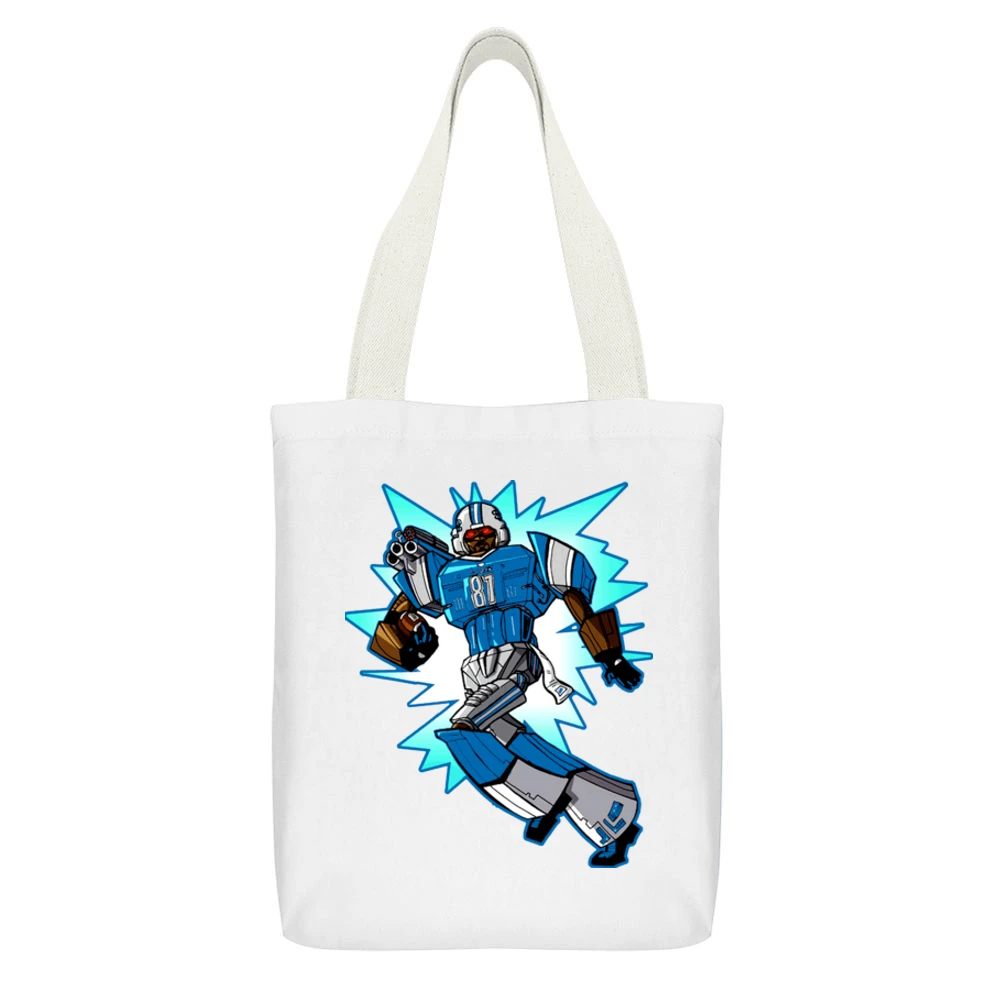 Calvin Johnson Megatron Cartoon White Canvas Tote Shopping Bag With Interior Pocket