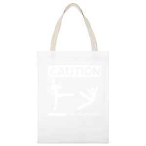 Caution this is sparta 300 parody white stick man kick another in to t White Canvas Tote Shopping Bag