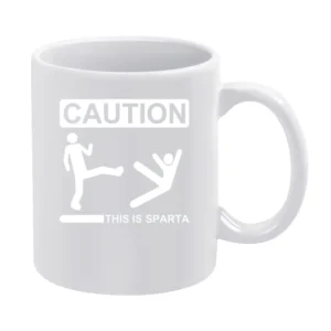 Caution this is sparta 300 parody white stick man kick another in to t White Mug