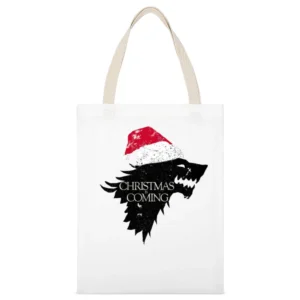 Christmas Is Coming Funny Direwolf Game Of Thrones Parody Holiday T Sh White Canvas Tote Shopping Bag