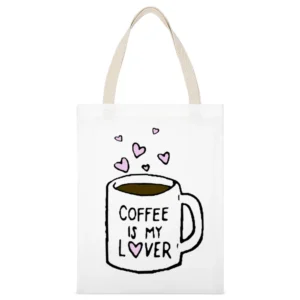Coffee Is My Lover Fun Mug Hearts Graphic Tee Shirt White Canvas Tote Shopping Bag