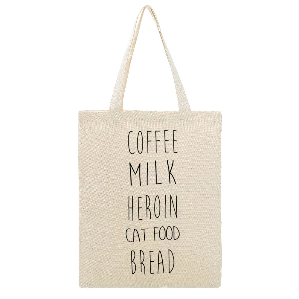 Coffee Milk Heroin Cat Food Bread Funny Shopping List Beige Canvas Tote Shopping Bag