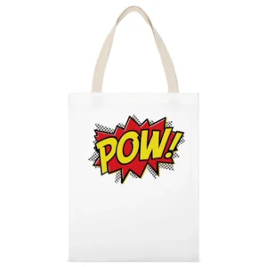Comic POW! Fun Burst Graphic Tee Shirt White Canvas Tote Shopping Bag