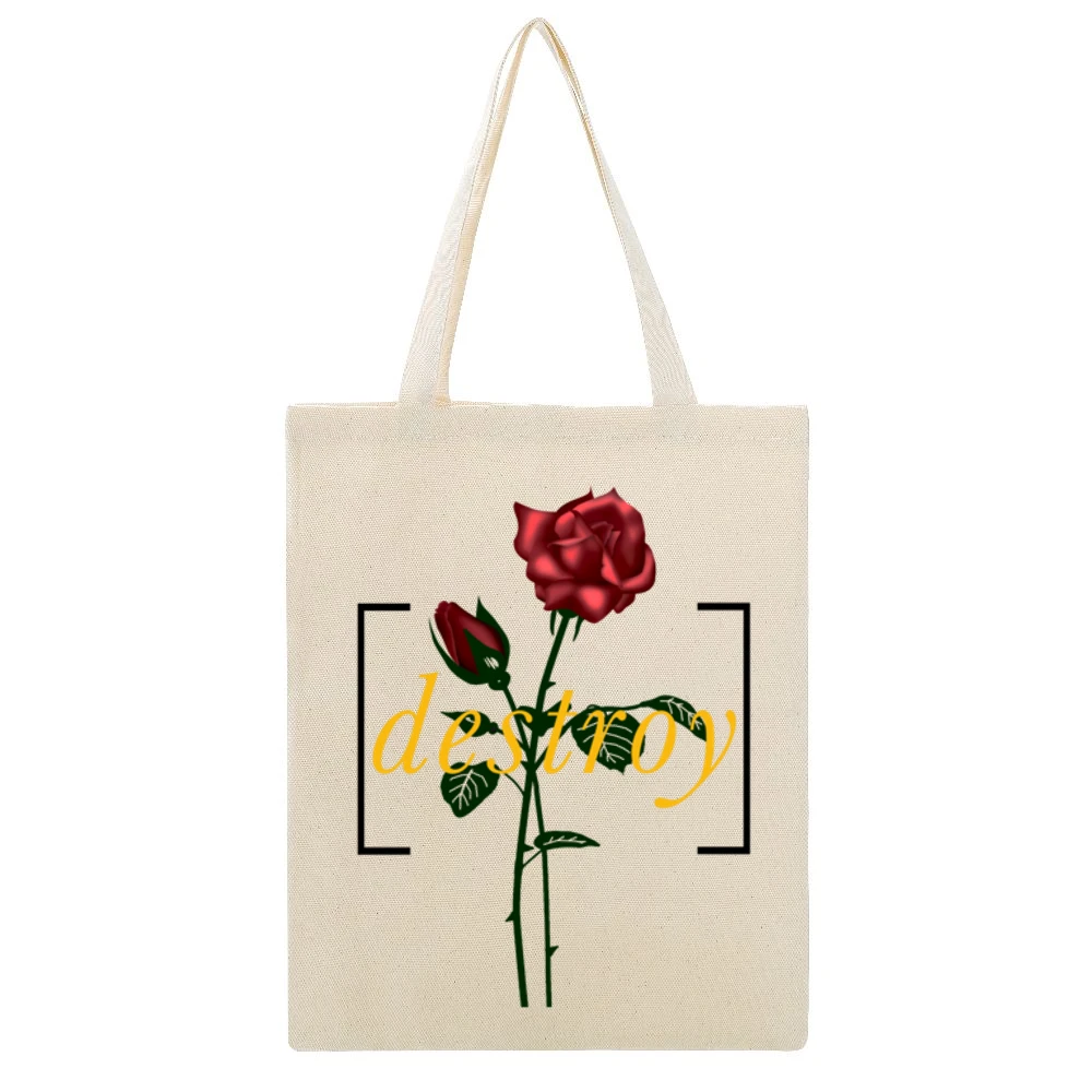Destroy Red Rose Eternal Love Graphic Beige Canvas Tote Shopping Bag