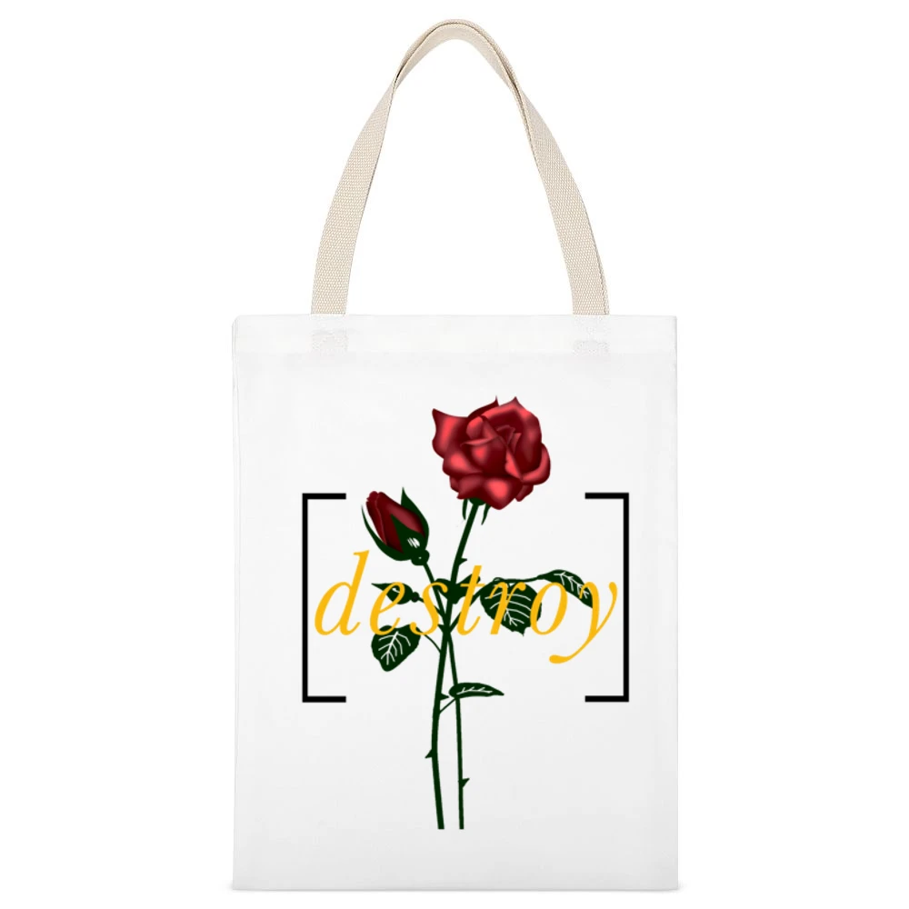 Destroy Red Rose Eternal Love Graphic White Canvas Tote Shopping Bag