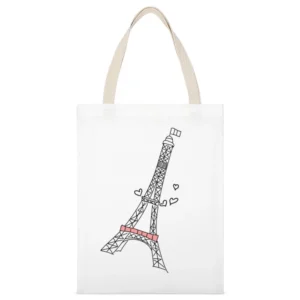 Eiffel Tower Paris With Love Hearts Cute Graphic Tee Shirt White Canvas Tote Shopping Bag