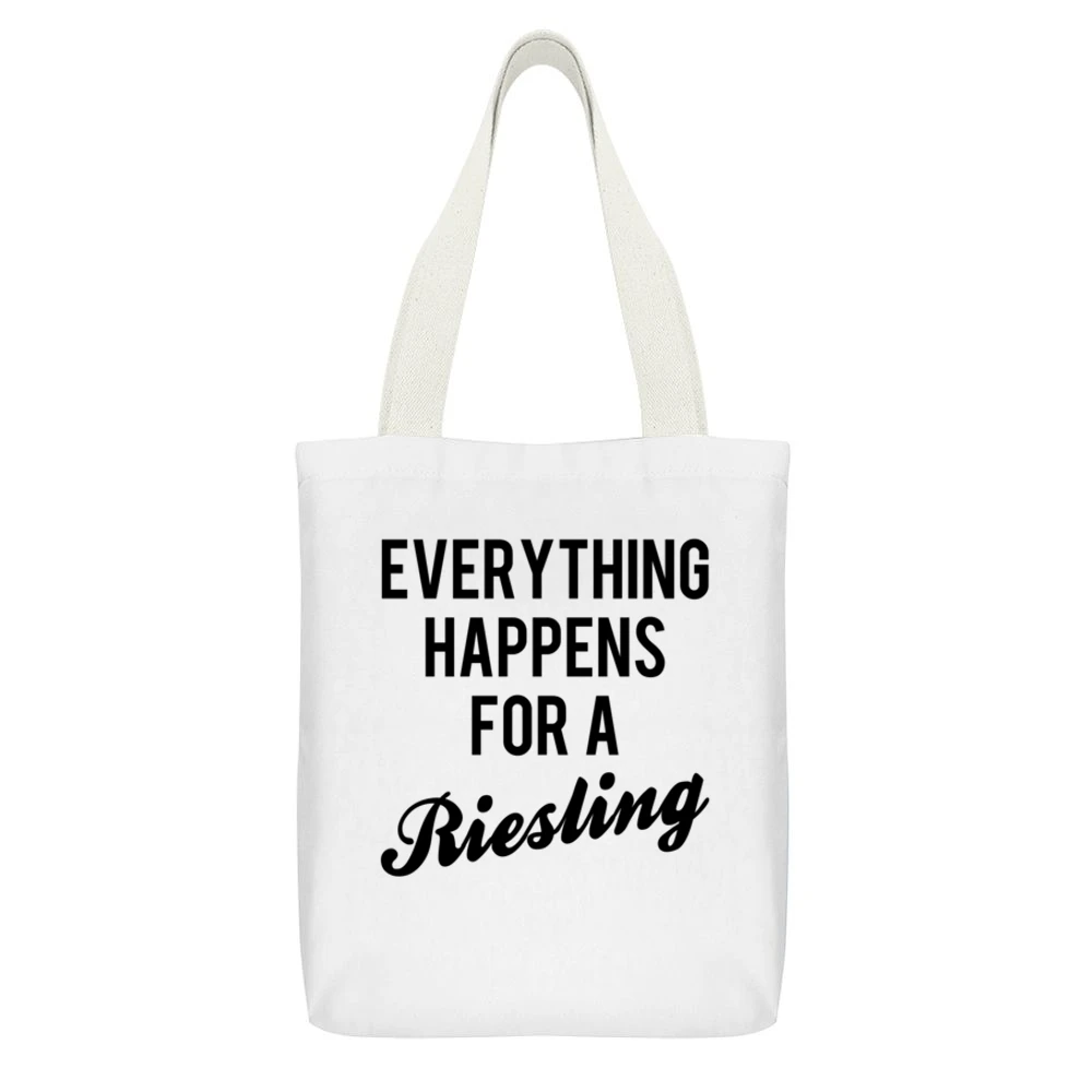Everything Happens For A Riesling Fun Wine Lover Popular Fashion Graph White Canvas Tote Shopping Bag With Interior Pocket