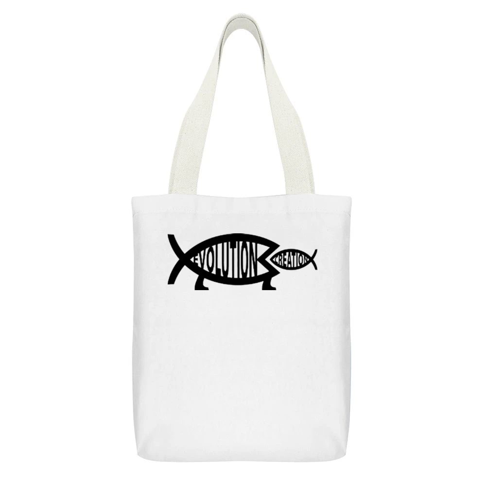 Evolution Versus Creation Fish Eating White Canvas Tote Shopping Bag With Interior Pocket