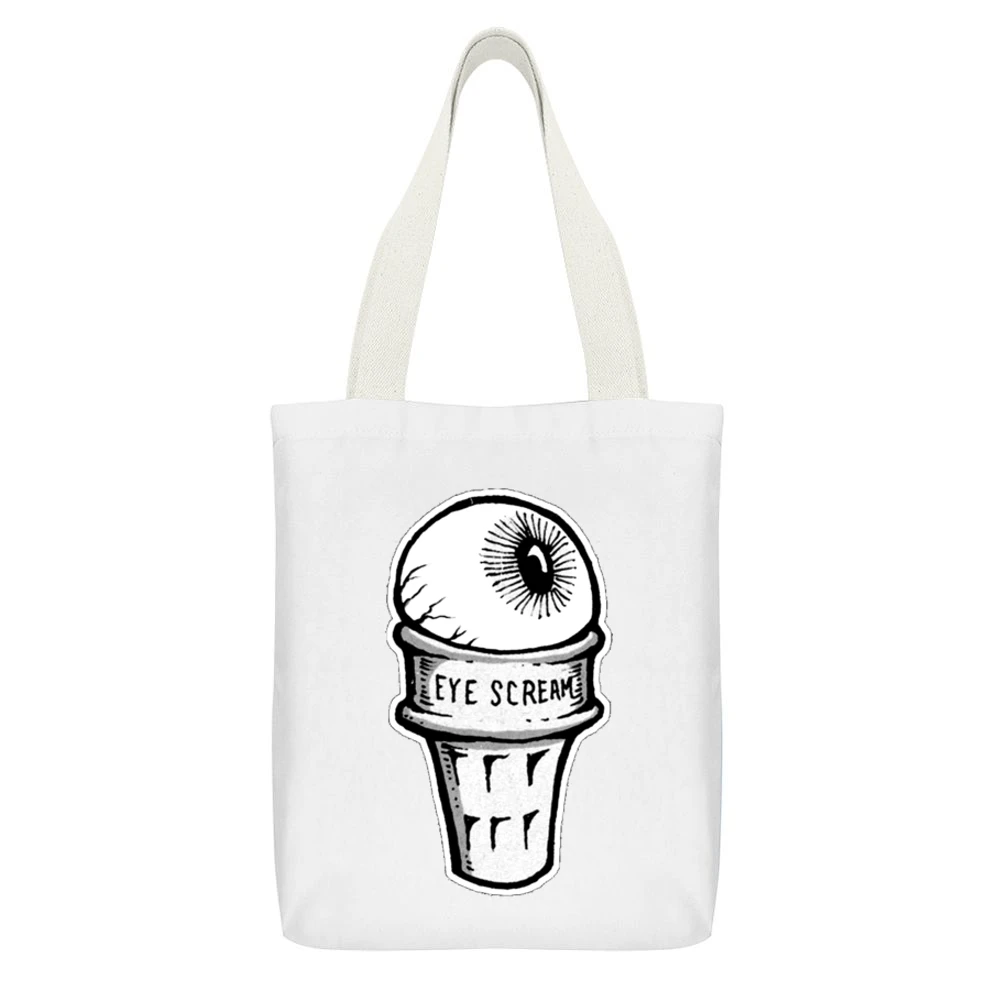 Eye Scream Ice Cream Fun Graphic Tee Shirt White Canvas Tote Shopping Bag With Interior Pocket