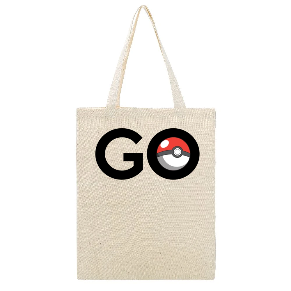 GO Pokemon Fun Popular Pokeball Cosplay Graphic Anime Beige Canvas Tote Shopping Bag