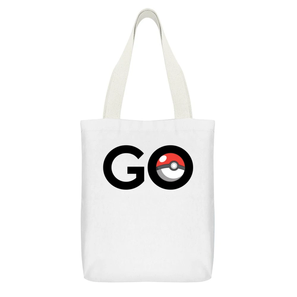 GO Pokemon Fun Popular Pokeball Cosplay Graphic Anime White Canvas Tote Shopping Bag With Interior Pocket