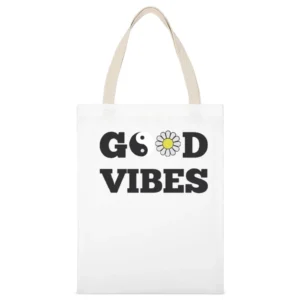 Good Vibes Peace Flower Graphic Tee Shirt White Canvas Tote Shopping Bag
