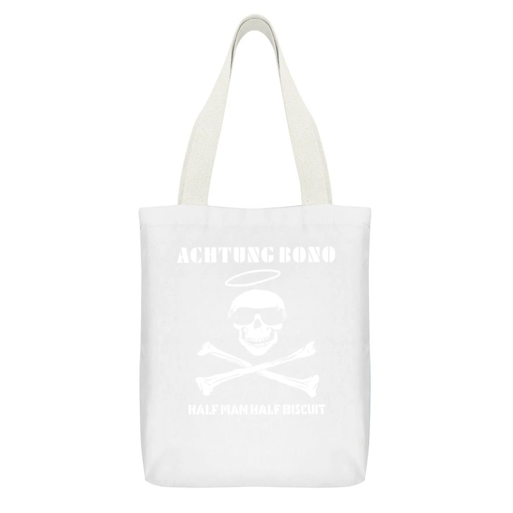 Half Man Half Biscuit Achtung Bono White Canvas Tote Shopping Bag With Interior Pocket