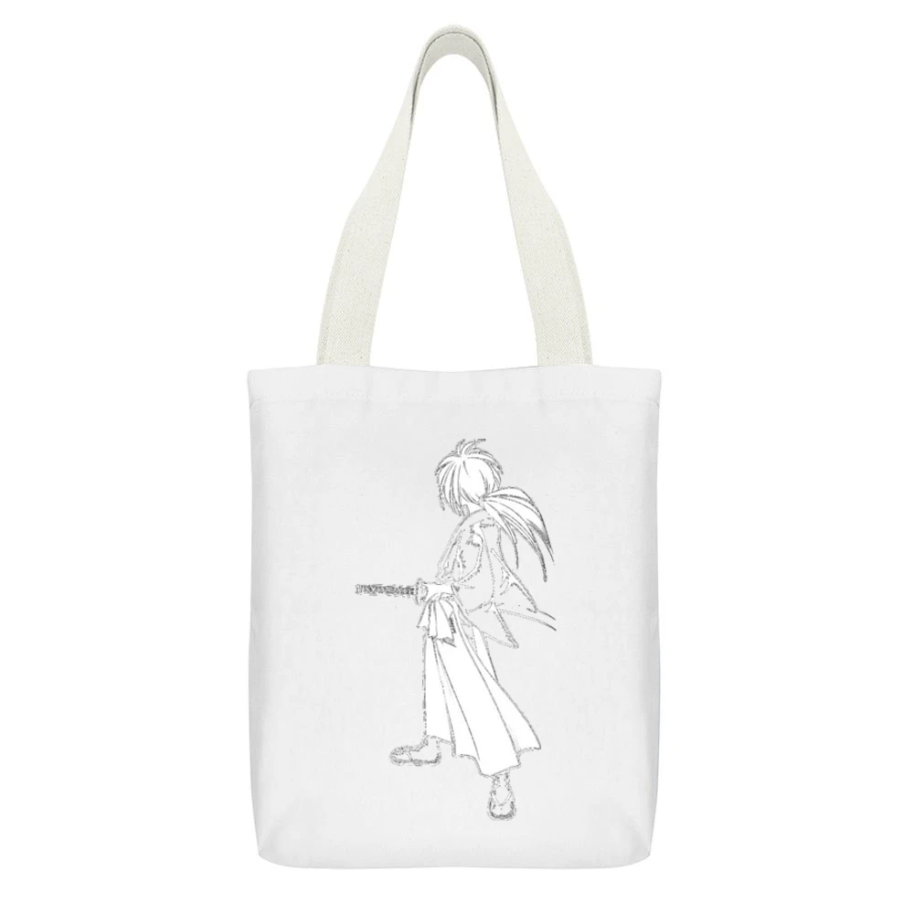 Hitokiri Battousai Himura Rurouni Kenshin Samurai x White Canvas Tote Shopping Bag With Interior Pocket