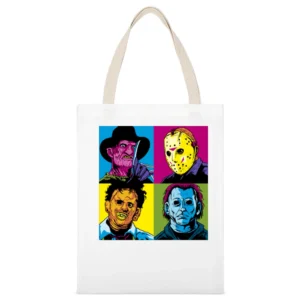 Horror Pop Art Freddy Krueger Jason Voorhees Leatherface Michael Myers White Canvas Tote Shopping Bag