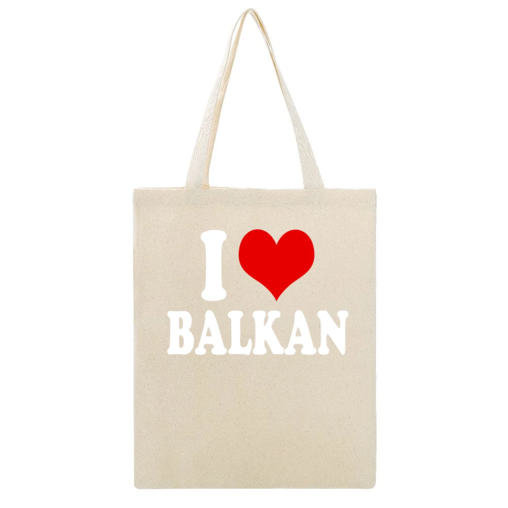 I Love Balkan Fun Heart Graphic Tee Shirt Beige Canvas Tote Shopping Bag
