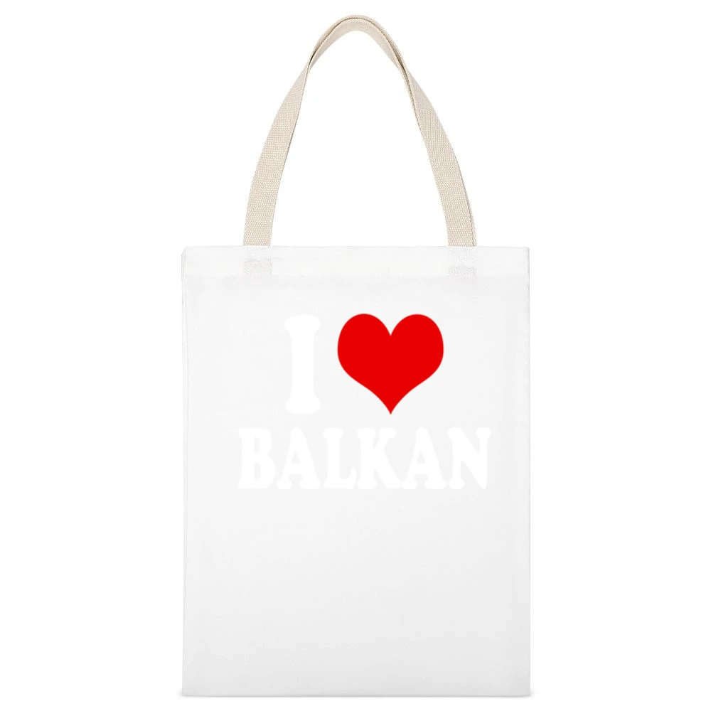 I Love Balkan Fun Heart Graphic Tee Shirt White Canvas Tote Shopping Bag