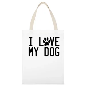 I Love My Dog Graphic Paw Print Tee Shirt White Canvas Tote Shopping Bag
