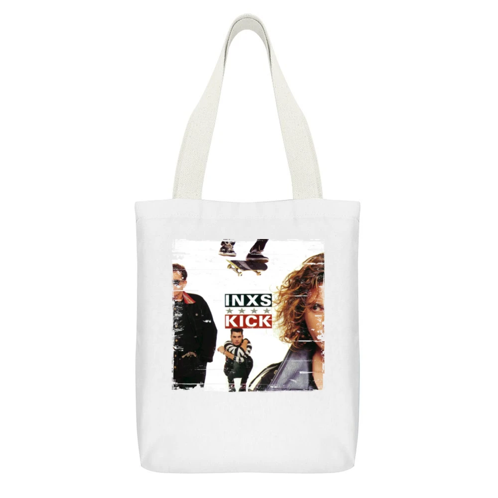 INXS Kick Album Cover Distressed Image White Canvas Tote Shopping Bag With Interior Pocket