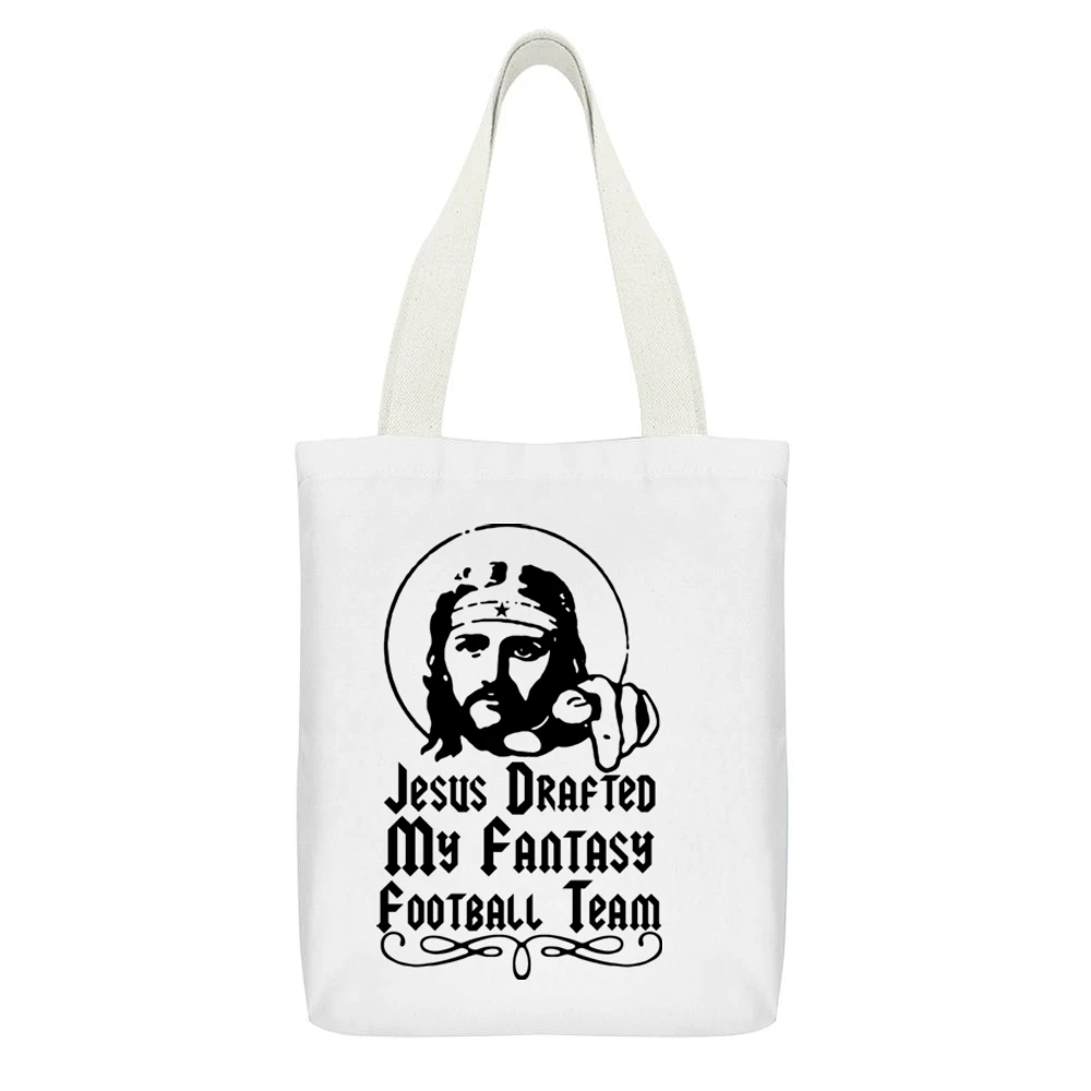 Jesus Drafted My Fantasy Football Team White Canvas Tote Shopping Bag With Interior Pocket