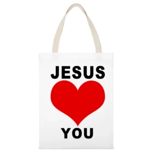 Jesus Loves You Fun Heart Graphic Tee Shirt White Canvas Tote Shopping Bag