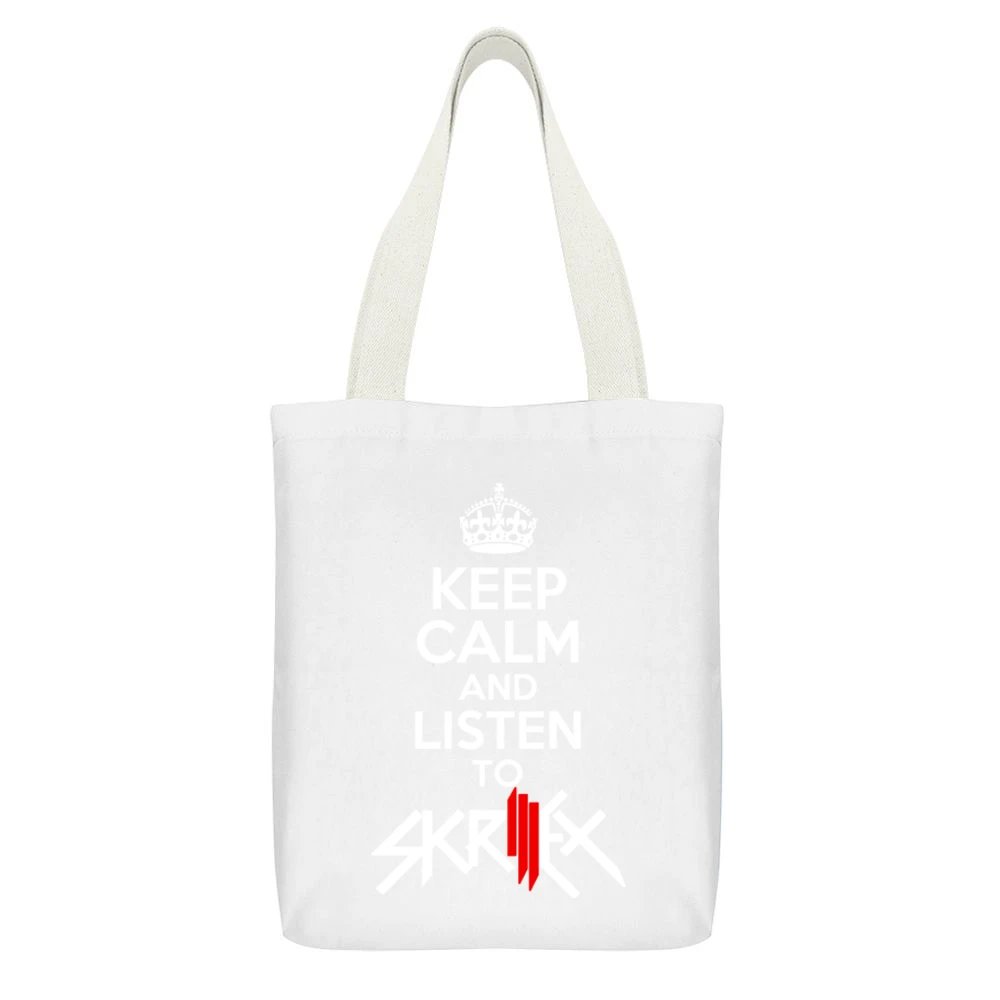 Keep Calm And Listen To Skrillex Fun EDM Music Graphic White Canvas Tote Shopping Bag With Interior Pocket