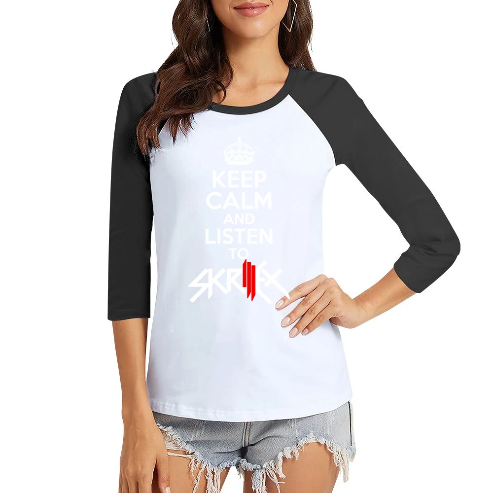 Keep Calm And Listen To Skrillex Fun EDM Music Graphic Women Ladies 3-4 Sleeve T-Shirt