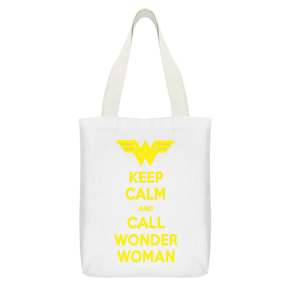 Keep Calm and call Wonder Woman White Canvas Tote Shopping Bag With Interior Pocket