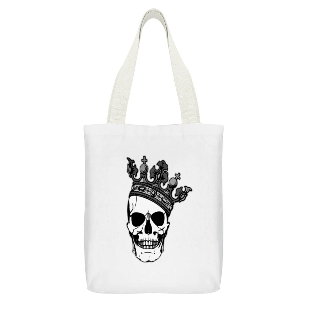 King Skull Tshirt White Canvas Tote Shopping Bag With Interior Pocket