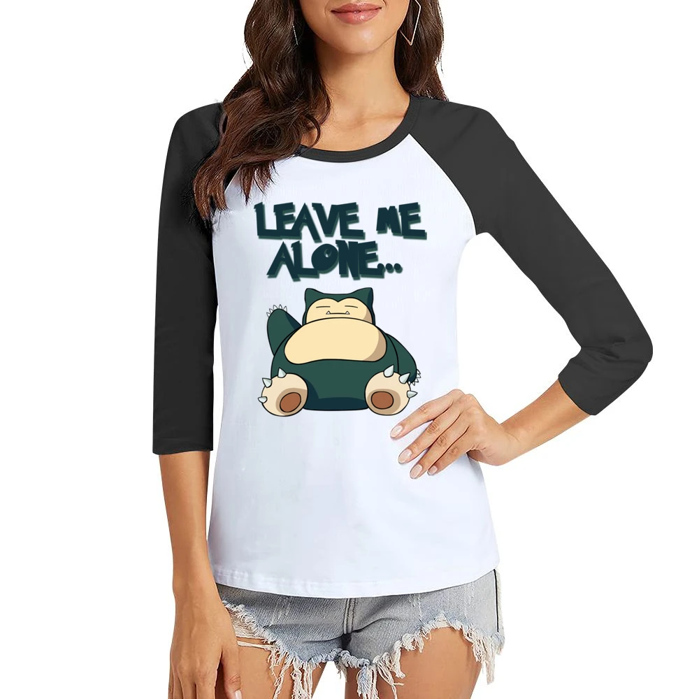 Leave Me Alone Funny Snorlax Sleeping Pokemon Graphic Anime Apparel T Women Ladies 3-4 Sleeve T-Shirt