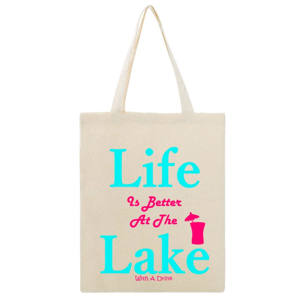 Life Is Better At The Lake With A Drink Beige Canvas Tote Shopping Bag