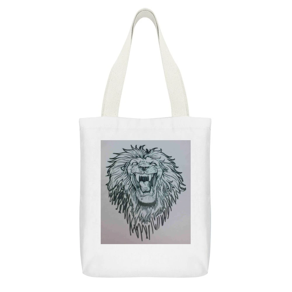 Lion Head White Canvas Tote Shopping Bag With Interior Pocket