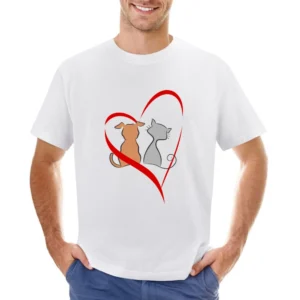 Lobe is every where cat and dog make peace heart red Asian Size Men T-Shirt