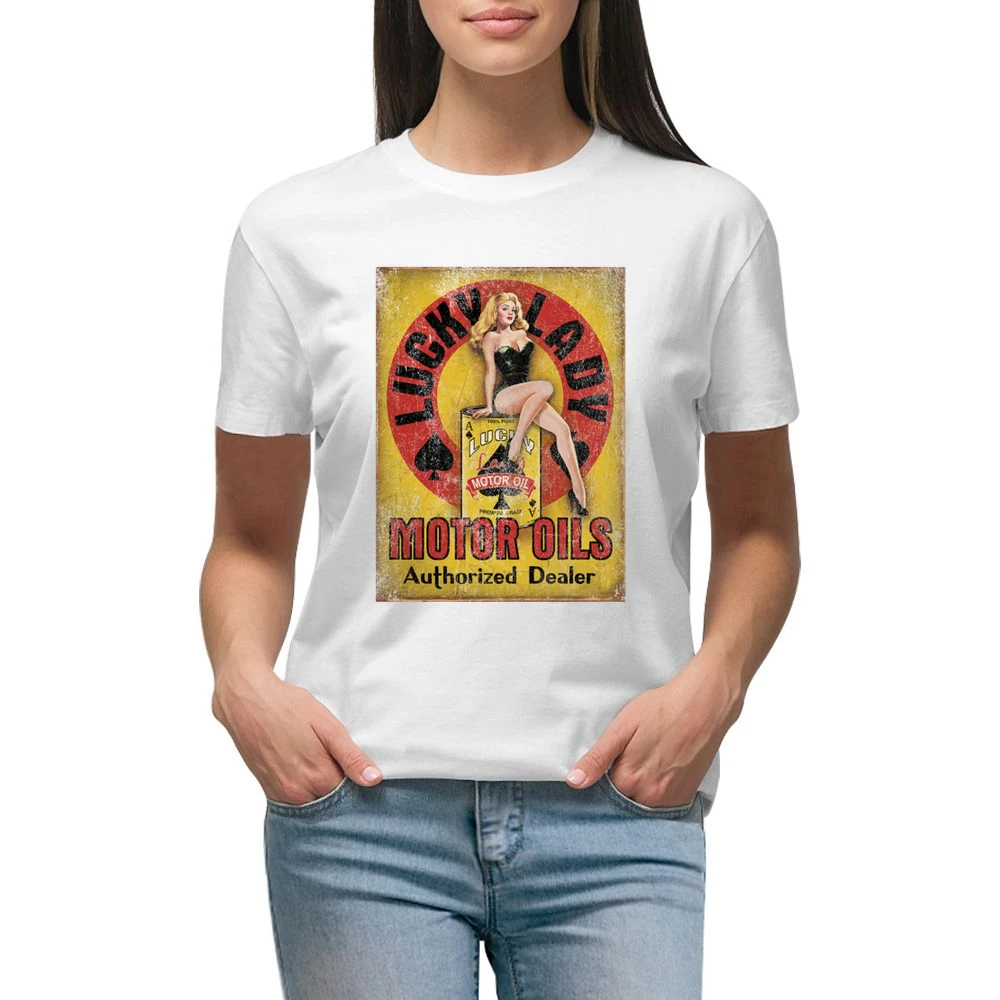 Lucky Lady Vintage Motor Oils Authorized Dealer Fun Distressed Car Lov Premium Women Ladies T-shirt