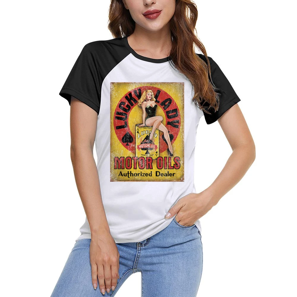 Lucky Lady Vintage Motor Oils Authorized Dealer Fun Distressed Car Lov Women Ladies Short Sleeve T-Shirt