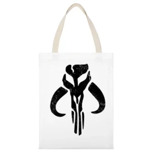 Mandalorian Mythosaur Skull Black Symbol Star Wars Distressed Tv Show White Canvas Tote Shopping Bag