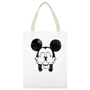 Mickey Mouse Middle Fingers Fun Graphic Tee Shirt White Canvas Tote Shopping Bag