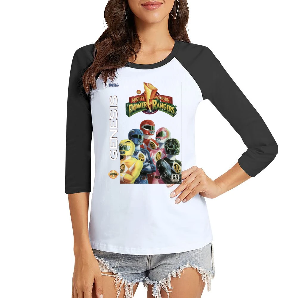 Mighty Morphin Power Rangers Sega Genesis Old School Retro Video Game Women Ladies 3-4 Sleeve T-Shirt