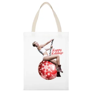 Miley Happy Holidays Christmas Wrecking Ball Funny Tee Shirt White Canvas Tote Shopping Bag