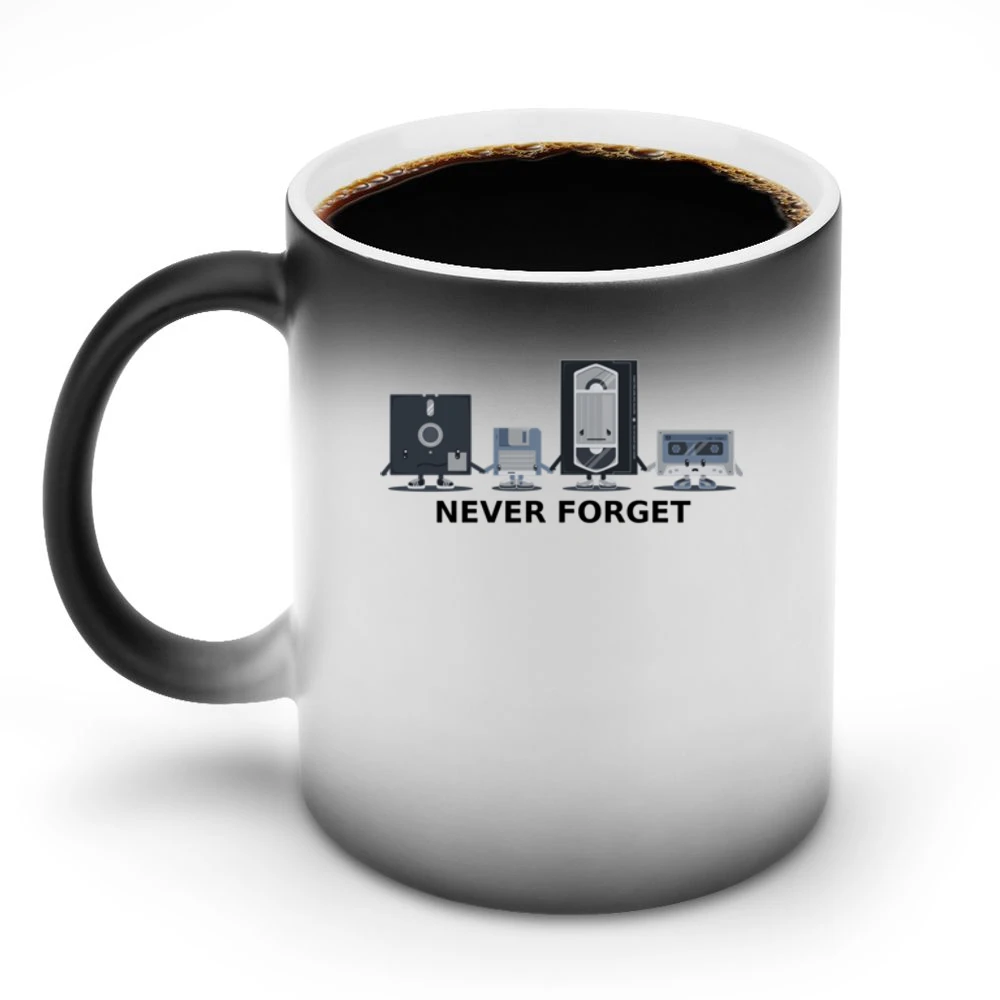 Old computer video data floppy - never forget us - black text Discoloration Mug
