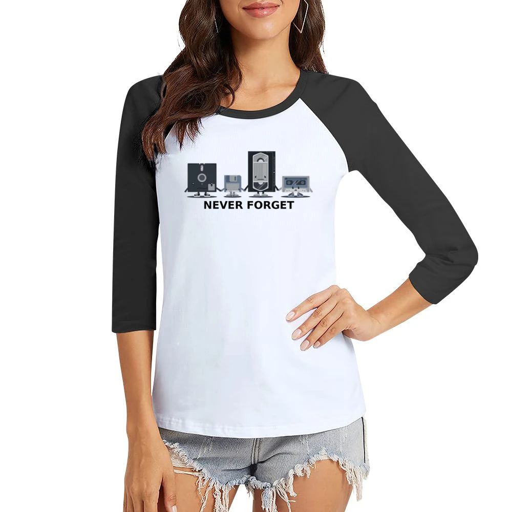 Old computer video data floppy - never forget us - black text Women Ladies 3-4 Sleeve T-Shirt