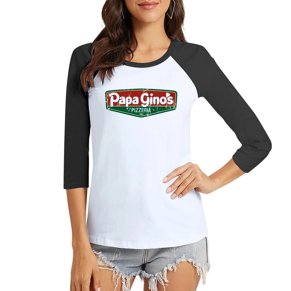 Papa Ginos Fast Food Restaurant Distressed Look Women Ladies 3-4 Sleeve T-Shirt